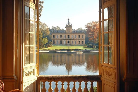 Digital photography backdrop, view of a chateau across a river, open gold french doors.