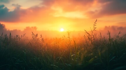Obraz premium Sunrise over misty grass field in the early morning light