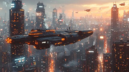 Obraz premium Futuristic spaceship flying over a vibrant cityscape during twilight.