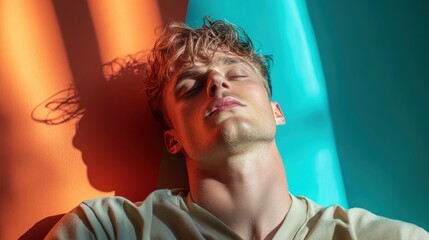 A relaxed man enjoys the rays of vibrant, colored light and soft shadows, illustrating the harmony of balancing light and darkness, both physically and metaphorically.