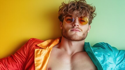 A confident man poses in a colorful outfit against a split-toned background, showcasing a bold and fashionable expression of modern masculinity and style.