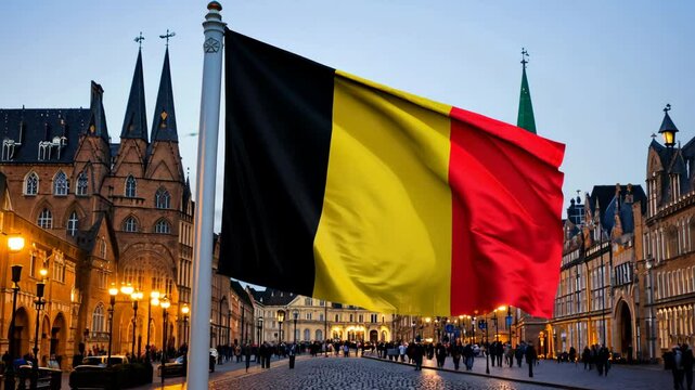 Belgian flag waving in front of historical architecture and city square, representing national pride.