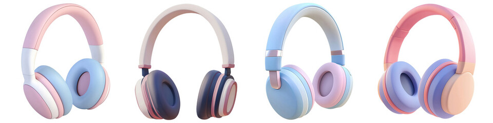Set of Over-ear headphones 3D cartoon icons png, isolated on transparent background.