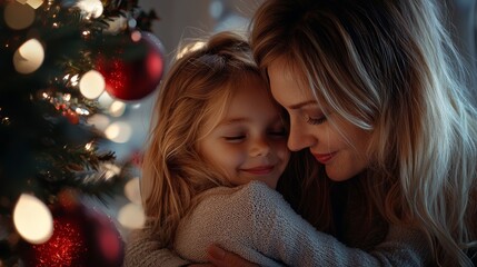 A mother and child sitting by the Christmas tree, sharing laughter and festive joy.