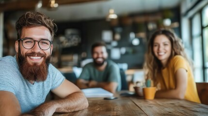 A cheerful group of friends sit at a wooden table in a cozy cafe environment, displaying friendliness and warmth with natural lighting and rustic decor.