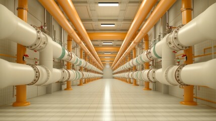 Endless pipelines at refinery, industrial flow, symmetrical and precise engineering, photorealistic