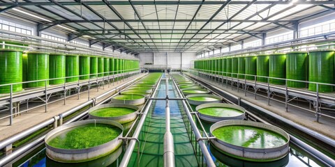 of a lush algae farm producing biofuel as a sustainable energy source, algae, farm, biofuel, sustainable, energy
