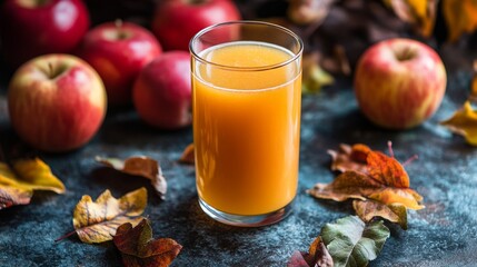 Delightful Fresh Apple Juice Surrounded by Lively Apples and Autumn Leaves on a Rustic Table