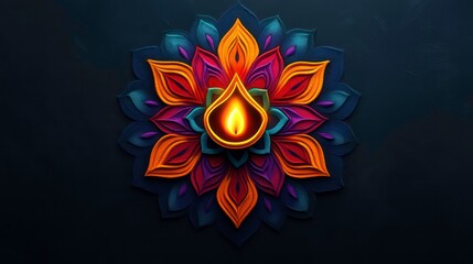 A lit diya candle sits in the center of a colorful mandala, a traditional symbol of Diwali.