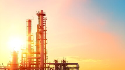 Obraz premium Oil Barrel Price Fluctuations and Energy Sector Dynamics - Silhouettes of Oil Refineries and Impact of Currency Swings on Trade Agreements