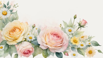 Obraz premium Soft watercolor roses and daisies in gentle pink and yellow tones, with copy space on the left and a light wash background