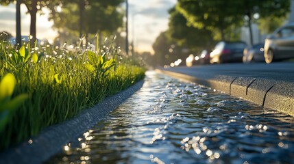 Urban Drainage Channel for Stormwater Management, efficient water collection system on city outskirts, integral to urban planning and sustainable infrastructure development.