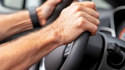 A person driving on the highway during a traffic jam, with hands firmly on the steering wheel.