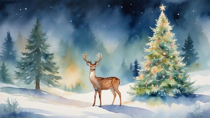 Gentle watercolor Christmas tree with glowing lights, and a deer resting beneath it