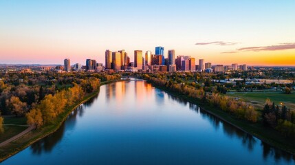 Fototapeta premium Stunning Aerial View of a Vibrant City Skyline Reflected in Calm Waters During Sunset with Lush Greenery Along the Riverbank
