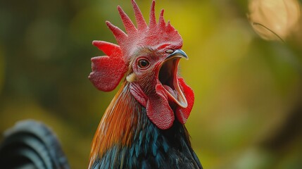 Closeup of rooster crowing on a greenery background