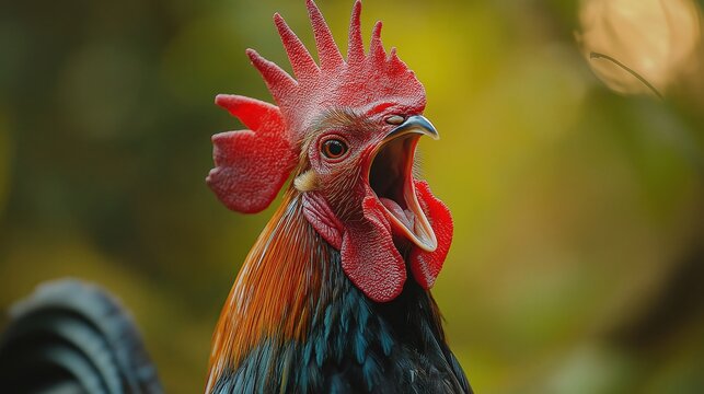 Closeup of rooster crowing on a greenery background