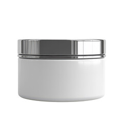 A sleek white cosmetic jar with a shiny silver lid design
