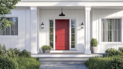 Modern farmhouse entrance featuring a striking red front door, stylish black light fixtures, and a charming covered porch supported by elegant white pillars.