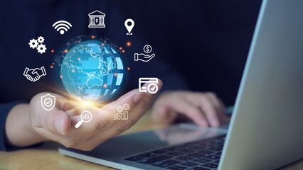 Business strategy. Business and economic growth on global business network, Data analysis of financial and banking, Stock, AI, Technology and data connection, Security, Blockchain and Networking.