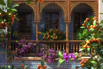 Moroccan riad balcony filled with flowers