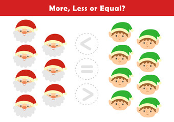 Comparison Worksheet with Cute Christmas Illustration for Kids. Counting Games for Preschoolers. More or Less Worksheet for Kindergarten. Christmas activity sheet.
