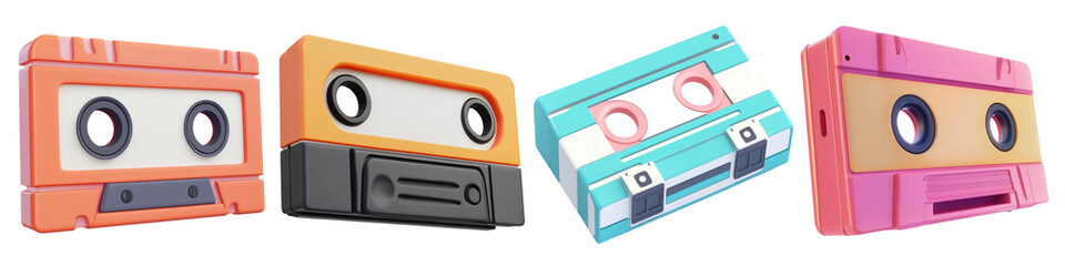 Obraz premium Set of Cassette tape 3D cartoon icons png, isolated on transparent background.