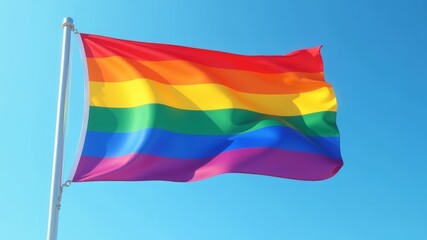 Fototapeta premium Rainbow flag waving in the wind against clear blue sky
