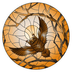 The illustration in stained glass style painting with the fabulous owl in the day sky and sun in between the branches of the tree, round image, tone brown