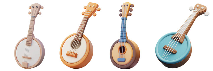 Set of Banjo 3D cartoon icons png, isolated on transparent background.