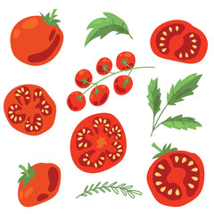 Set of ripe tomatoes. Vegetables. Red tomatoes. Juicy Harvest. Healthy food. Vector on a white background.