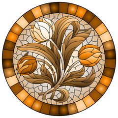 Illustration in the stained glass style with a floral arrangement of tulip flowers on a sky background, round image in a frame, tone brown