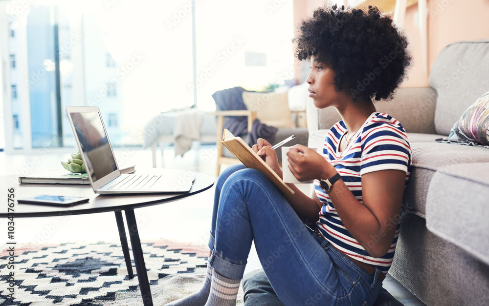 Poster Black woman, notebook and laptop for remote work, research and planning in home with online learning. Content writer, coffee and technology for blog, post and creative article as website information