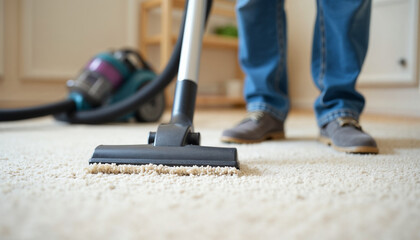 Industrial vacuum cleaner used by professional cleaners on office carpet. Expert rug care in an office environment. Concept of commercial cleaning service, expert maintenance, and office sanitation.