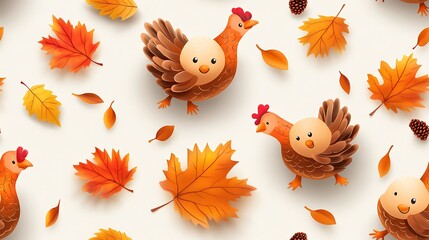 Obraz premium Adorable mini turkey legs with smiling faces, surrounded by falling autumn leaves in vibrant fall colors, soft sunlight and warm shadows creating a seamless pattern for a festive Thanksgiving design.