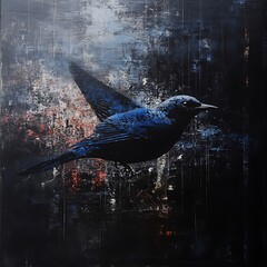 A striking artwork featuring a blue bird in flight against a textured dark background.