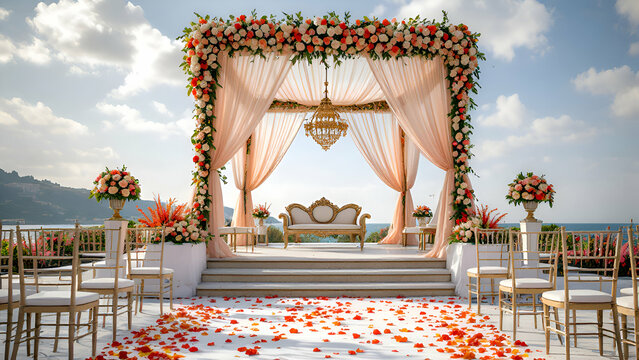 An outdoor wedding ceremony setup with a floral arch, draped fabric, and white cushioned chairs. The aisle is adorned with red and orange flower petals, with a view of a blue ocean and a mountain in t
