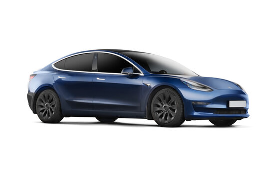 Front right view of a blue Tesla Model 3 photographed on a transparent background, showcasing the vehicle's sleek and futuristic design