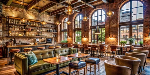 Fototapeta premium A Luxurious Modern Bar With Exposed Brick Walls, Dark Wood Beams, And Large Windows Offering A View Of The City
