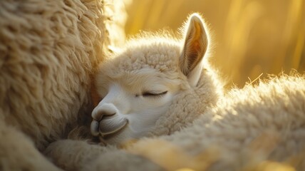  Adorable baby alpaca peacefully sleeping beside its mother, surrounded by soft, warm light in a tranquil moment.