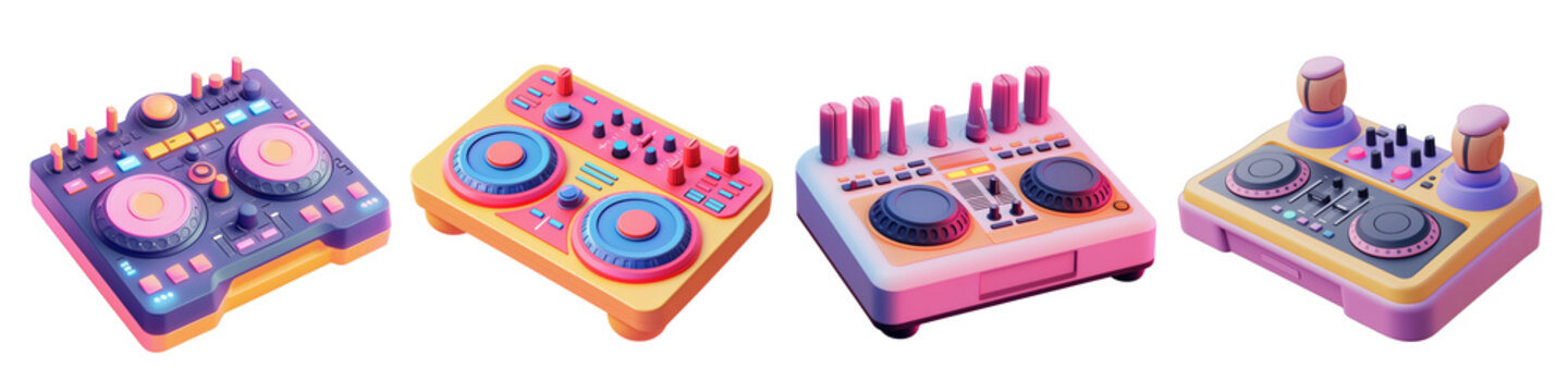 Set of DJ controller 3D cartoon icons png, isolated on transparent background.
