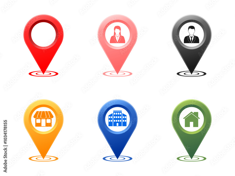 Wall mural colorful location pin with home house building office person market store icon. vector illustration 