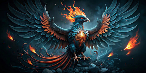 A majestic phoenix with vibrant blue and orange feathers spreads its wings, surrounded by flames and embers. The mythical bird stands on rocky terrain, exuding power and elegance.AI generated.
