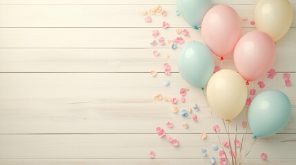 Subtle pretty image of balloons, for party or celebration in wide landscape with space for copy, confetti, muted pastel shades, ideal for announcement or invitation