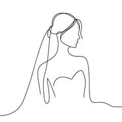 A woman is wearing a wedding dress and a veil. The dress is white and the veil is black. The woman is sitting down