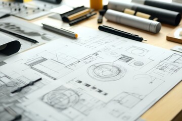Architectural sketches and tools on a workspace table during daylight