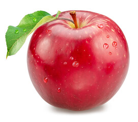 Red apple  with green leaf, covered with several water drops on white background. File contains clipping path.