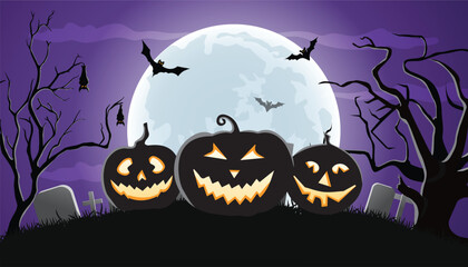 Halloween background with Scary pumpkins, vector design and full moon Halloween night
