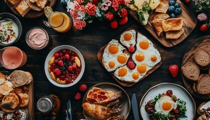 Delicious Spread Of Sweet And Savory Breakfast Items On A Dark Wood Background. Top View Of Brunch Table Set-Up. Rich Variety Of Foods.