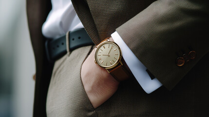 a man in a classic black suit wears a classic gold watch